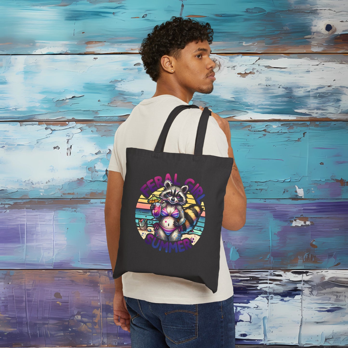 Feral Girl Summer Raccoon Cotton Canvas Tote Bag