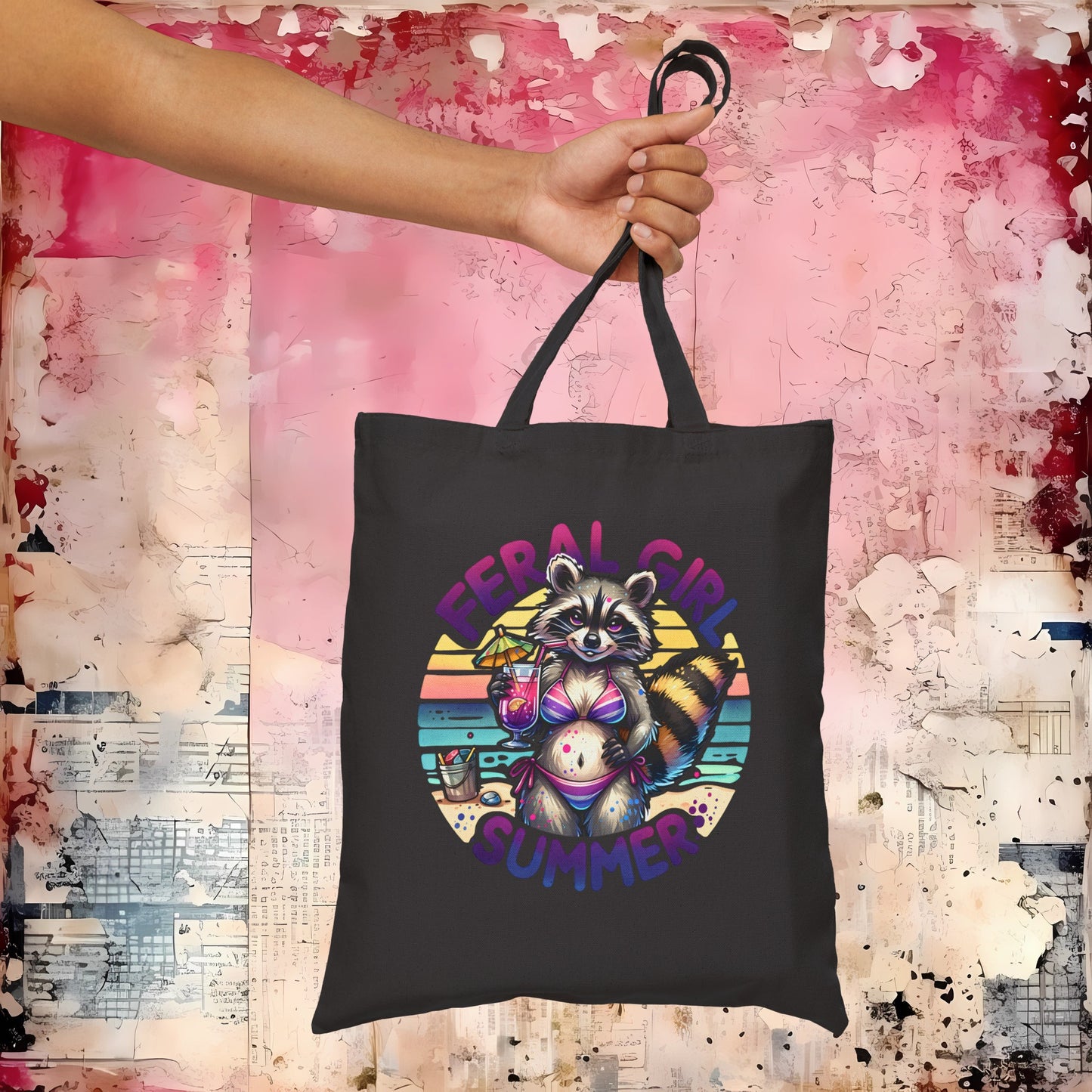 Feral Girl Summer Raccoon Cotton Canvas Tote Bag