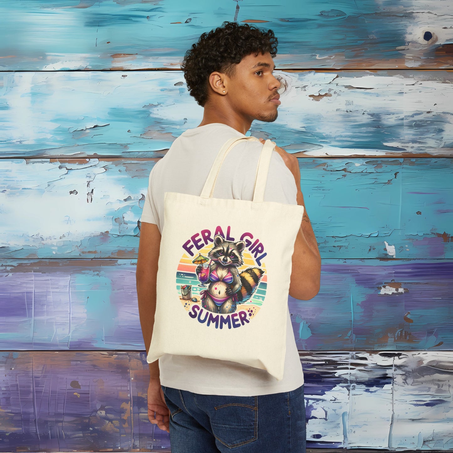 Feral Girl Summer Raccoon Cotton Canvas Tote Bag