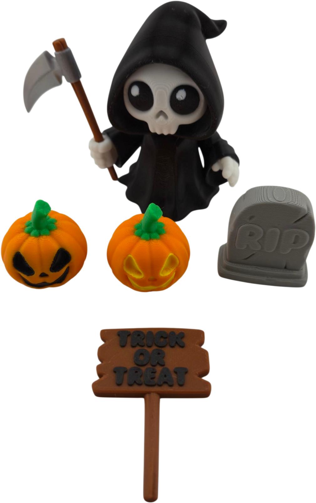 Halloween Articulated Grim Reaper Figurine Set, 3 Inch, with Scythe, Pumpkins, RIP Tombstone and Sign