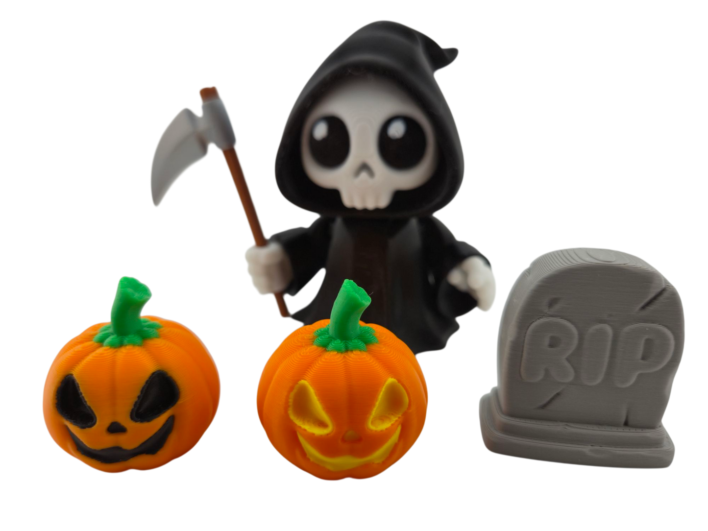 Halloween Articulated Grim Reaper Figurine Set, 3 Inch, with Scythe, Pumpkins, RIP Tombstone and Sign