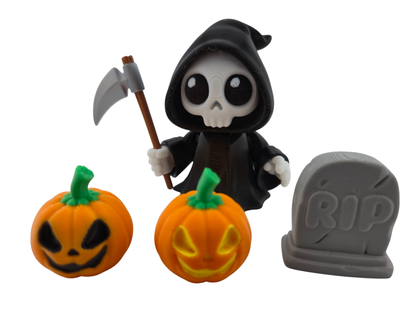 Halloween Articulated Grim Reaper Figurine Set, 3 Inch, with Scythe, Pumpkins, RIP Tombstone and Sign