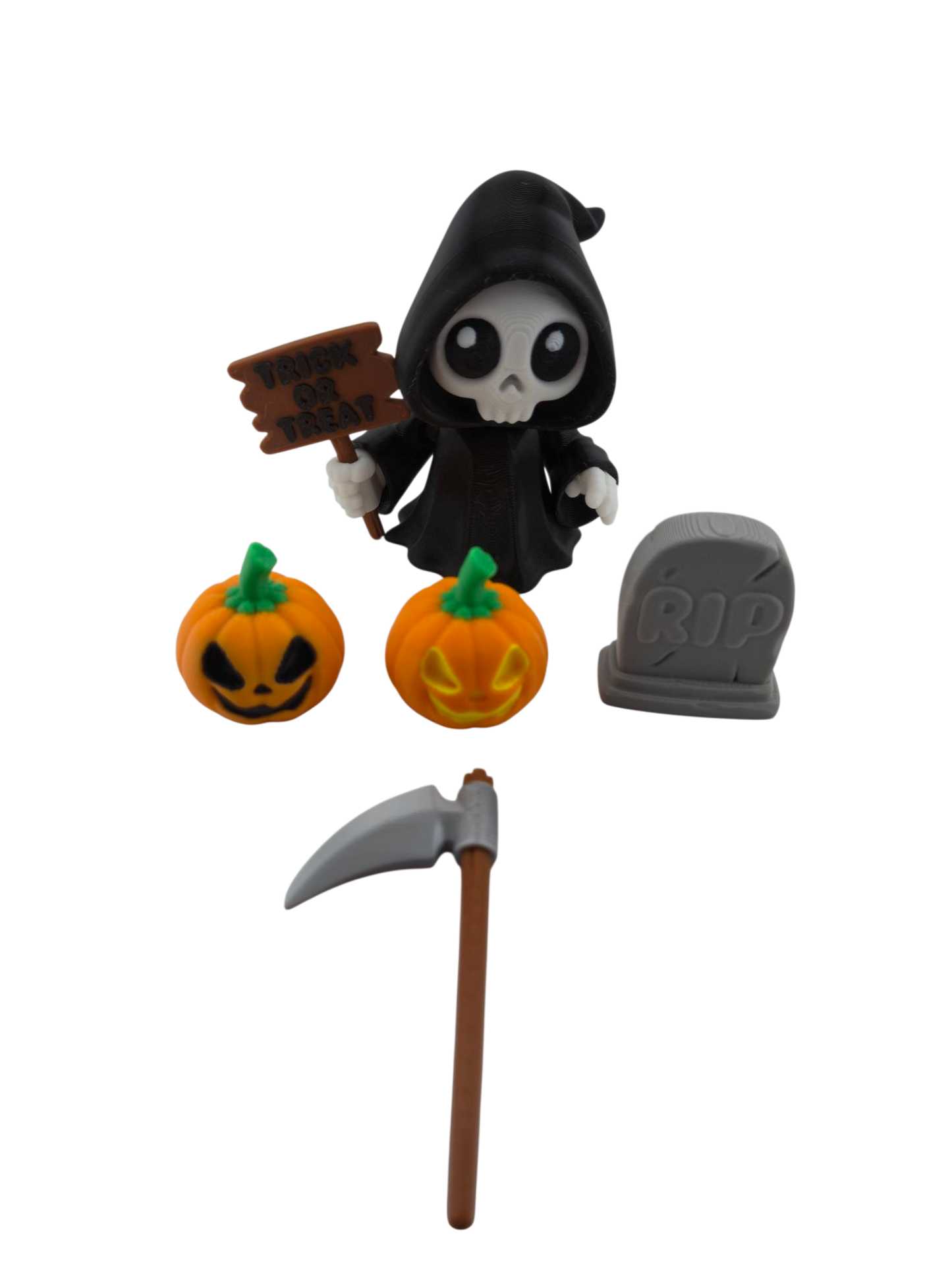 Halloween Articulated Grim Reaper Figurine Set, 3 Inch, with Scythe, Pumpkins, RIP Tombstone and Sign