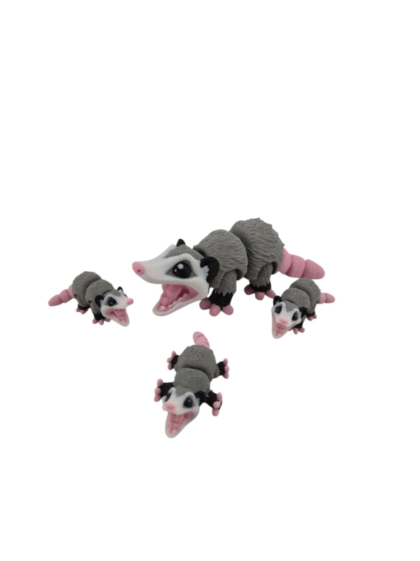Opossum Family Set – 3D Printed Articulated Figurines | 1 Adult & 3 Babies | Flexible Collectible Desk Decor