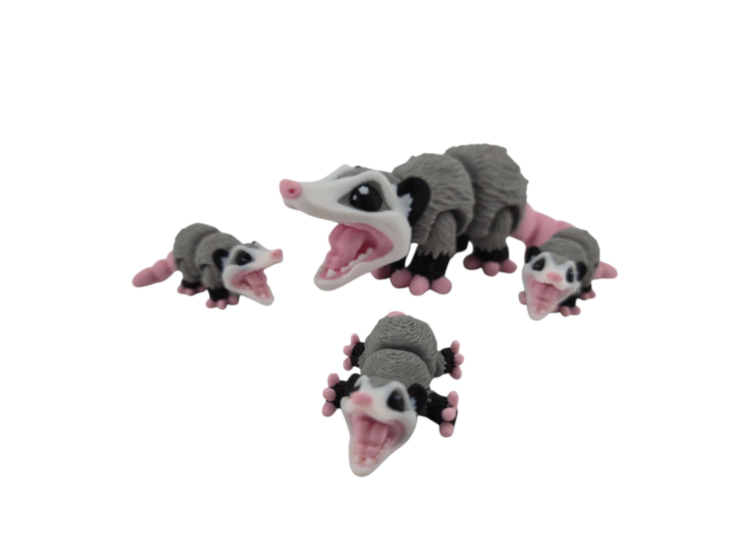 Opossum Family Set – 3D Printed Articulated Figurines | 1 Adult & 3 Babies | Flexible Collectible Desk Decor