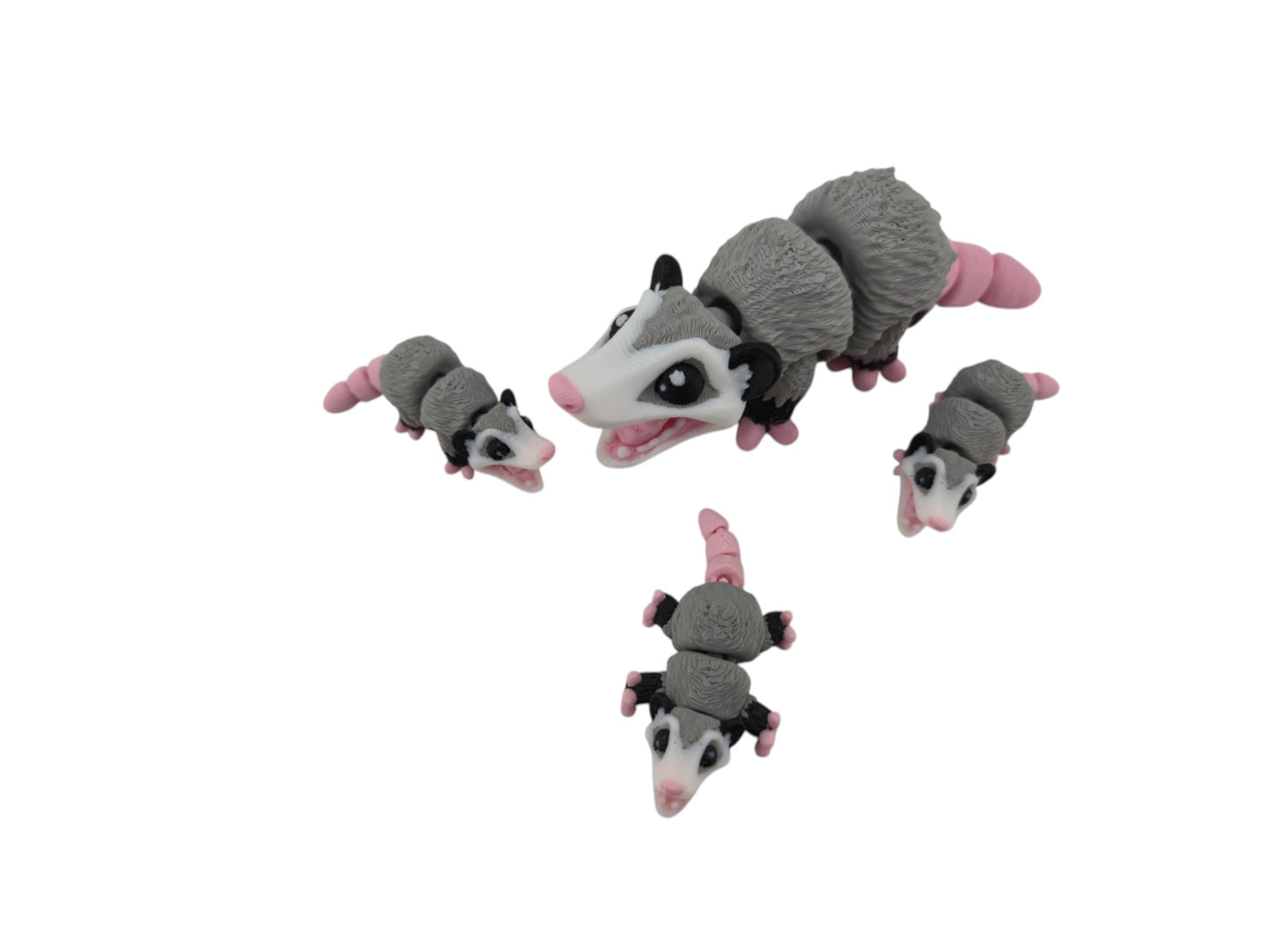 Opossum Family Set – 3D Printed Articulated Figurines | 1 Adult & 3 Babies | Flexible Collectible Desk Decor
