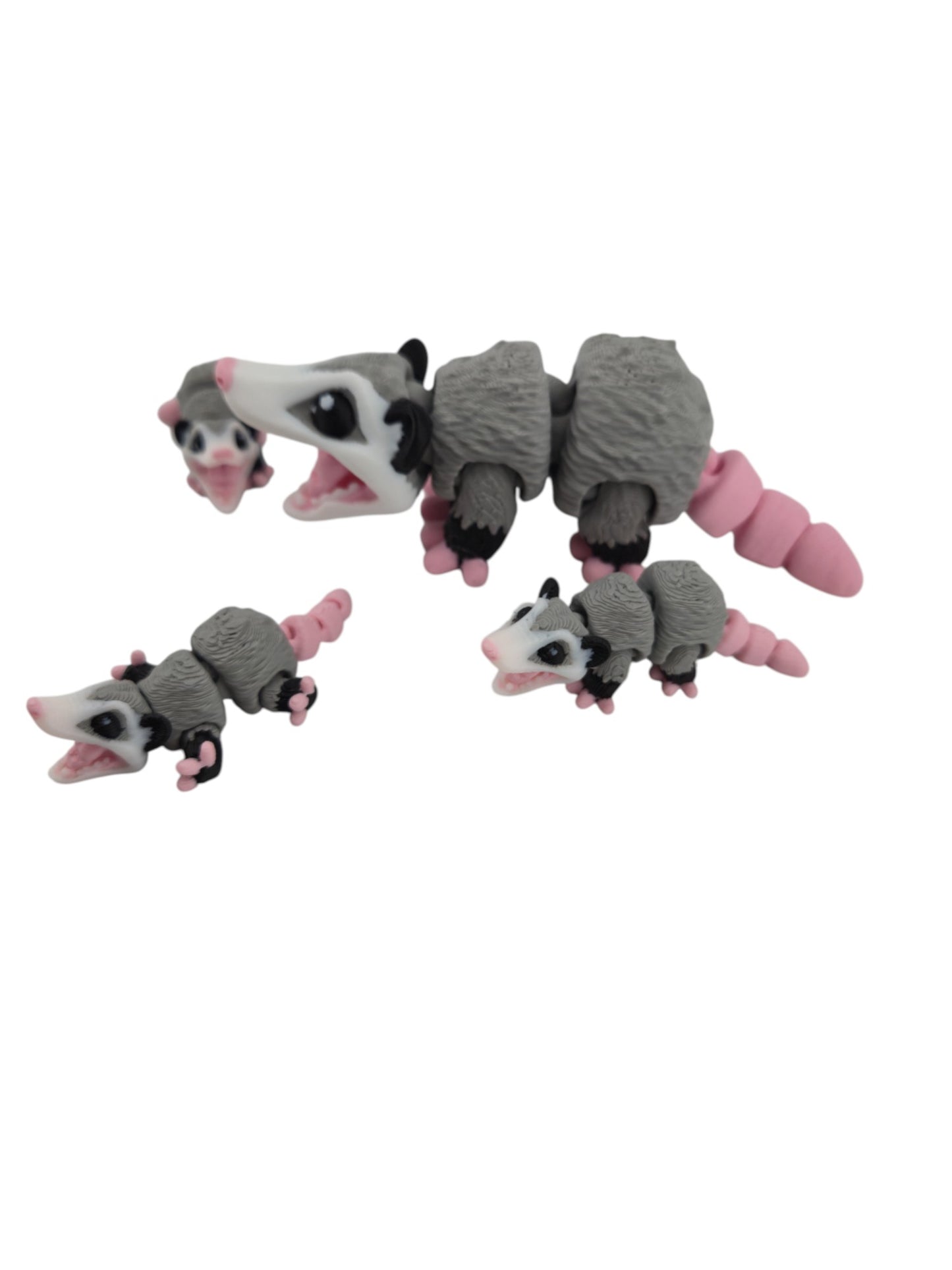 Opossum Family Set – 3D Printed Articulated Figurines | 1 Adult & 3 Babies | Flexible Collectible Desk Decor