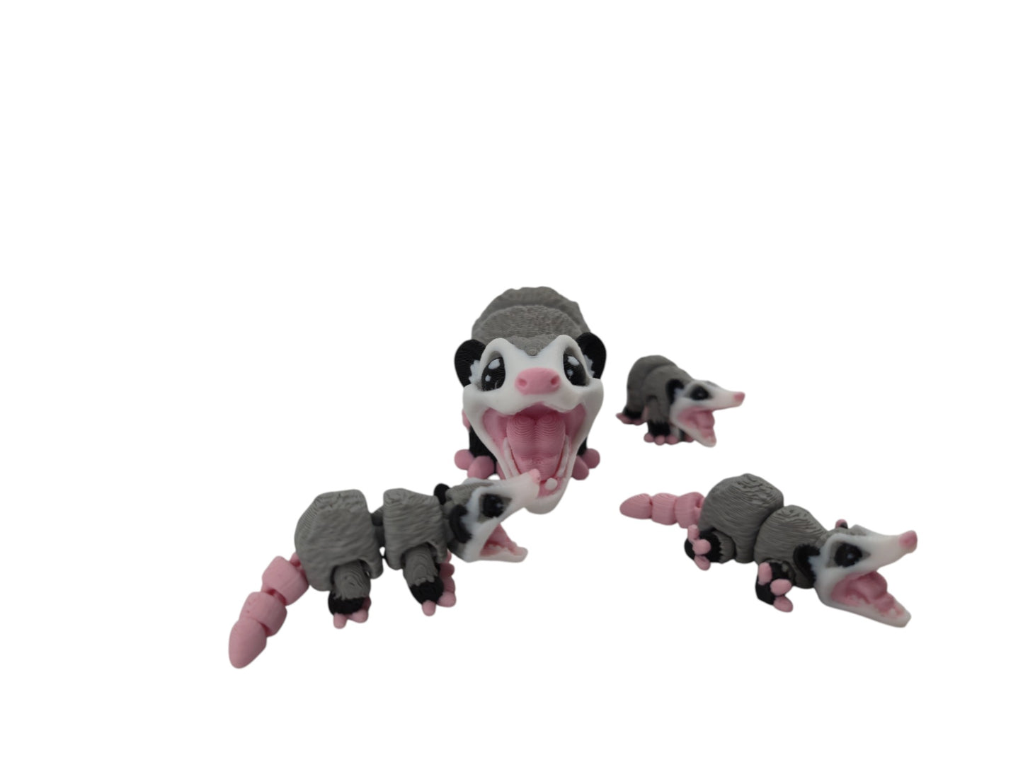 Opossum Family Set – 3D Printed Articulated Figurines | 1 Adult & 3 Babies | Flexible Collectible Desk Decor