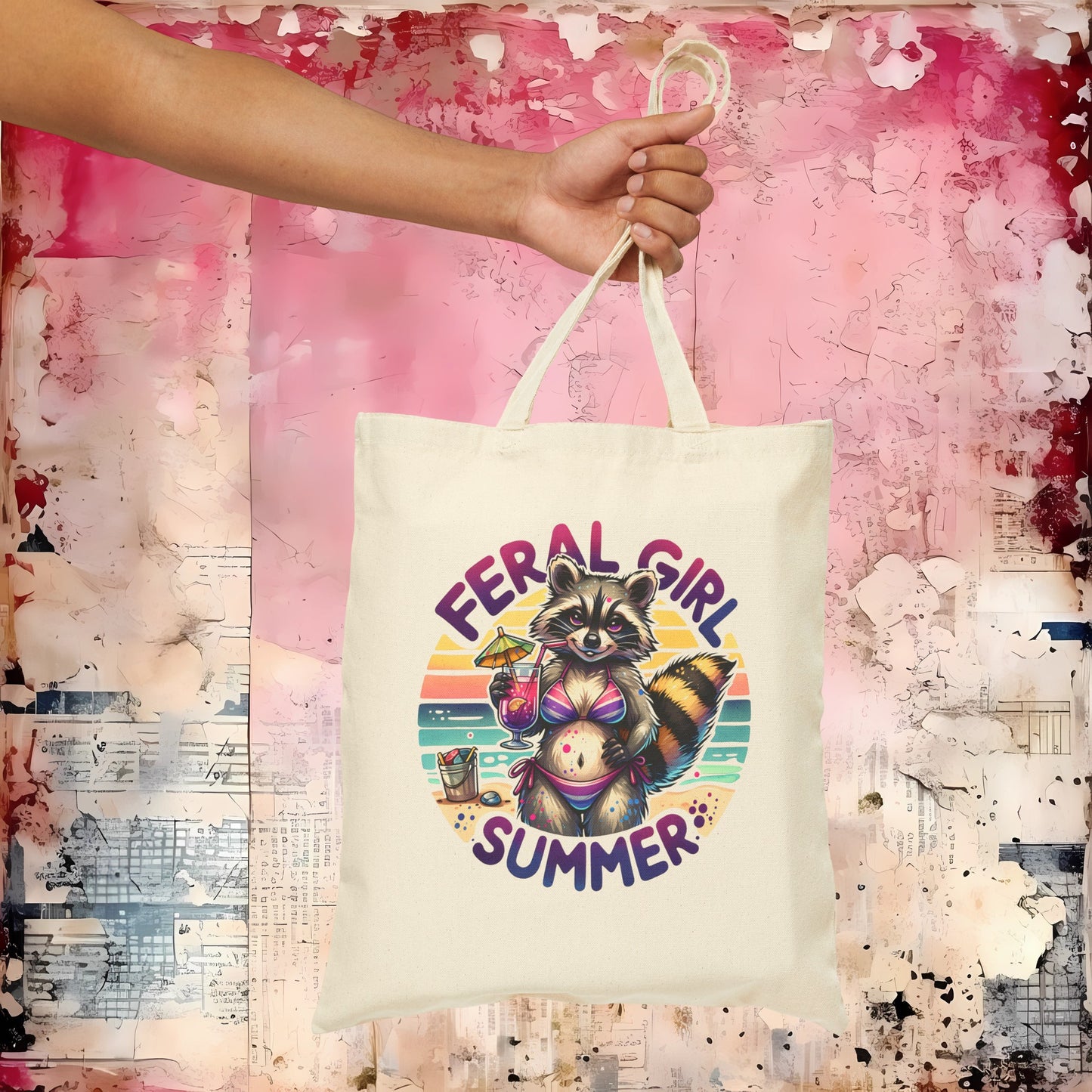 Feral Girl Summer Raccoon Cotton Canvas Tote Bag