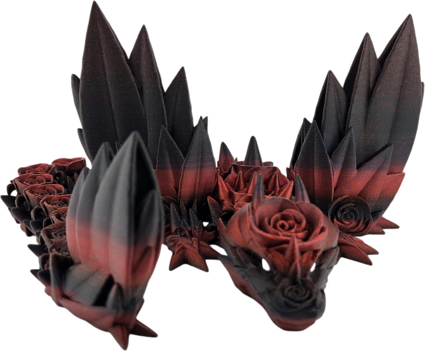 Large 19-inch 3D Printed Articulated Rosewing Dragon | 8-12 Inch Expandable Wingspan | Large Fantasy Collectible Figurine (Black to Red)