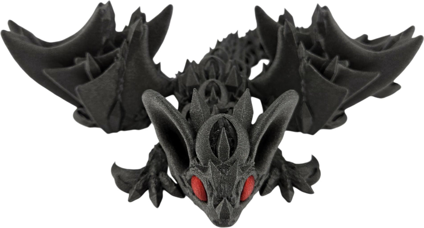 12-Inch Articulated Bat Dragon - 3D Printed Fantasy Creature with Galaxy Black Body and Red Eyes - Desk Decor or Collectible Bat