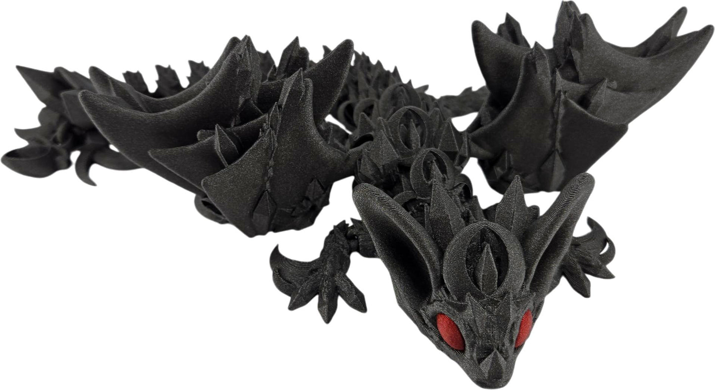 12-Inch Articulated Bat Dragon - 3D Printed Fantasy Creature with Galaxy Black Body and Red Eyes - Desk Decor or Collectible Bat