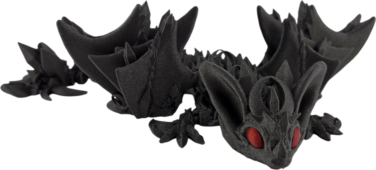 12-Inch Articulated Bat Dragon - 3D Printed Fantasy Creature with Galaxy Black Body and Red Eyes - Desk Decor or Collectible Bat