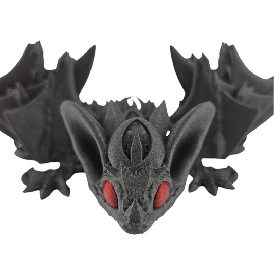 12-Inch Articulated Bat Dragon - 3D Printed Fantasy Creature with Galaxy Black Body and Red Eyes - Desk Decor or Collectible Bat