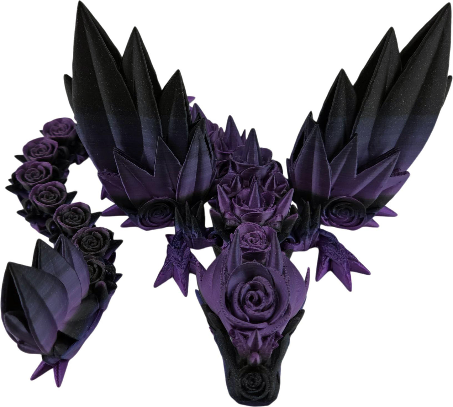 Large 19-inch 3D Printed Articulated Rosewing Dragon | 8-12 Inch Expandable Wingspan | Large Fantasy Collectible Figurine (Black to Purple)