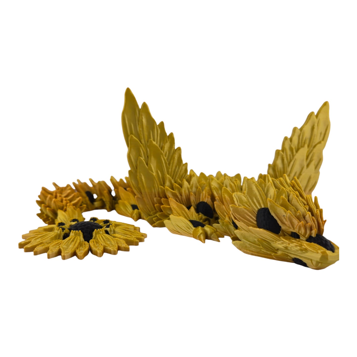 19-inch 3D Printed Articulated Winged Sunflower Dragon | Gold Gradient Silk PLA | Openable Wings 7-10 Inch Span | Unique Articulating Figurine