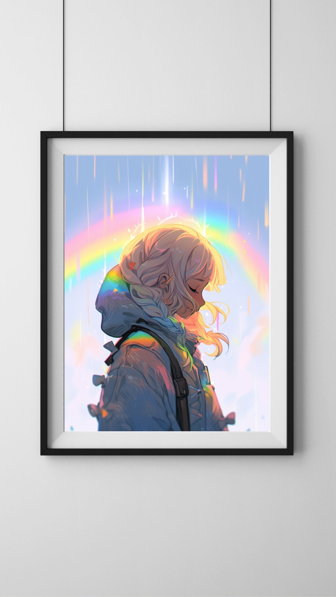 Rainbow Amidst the Rain - Pensive Anime Girl in Downpour Art Print