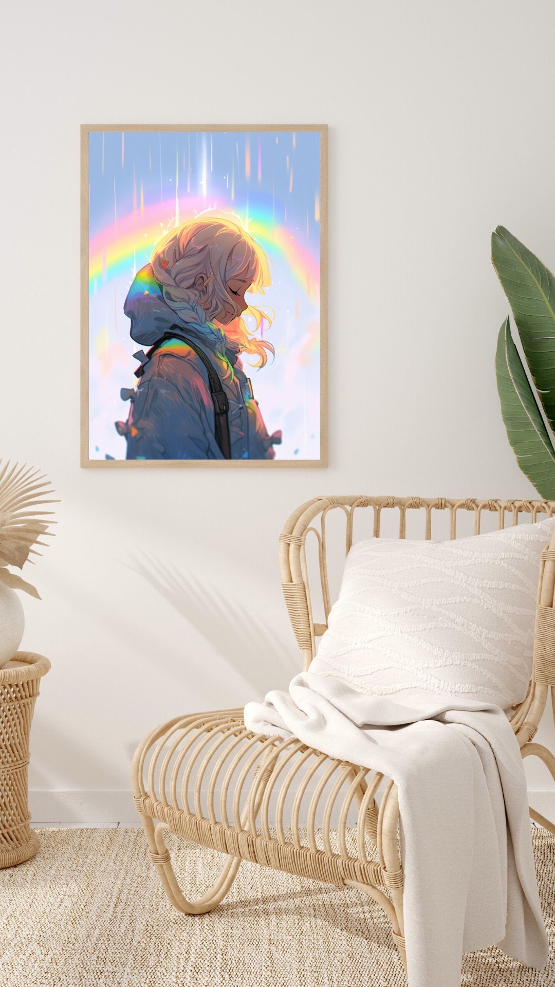 Rainbow Amidst the Rain - Pensive Anime Girl in Downpour Art Print