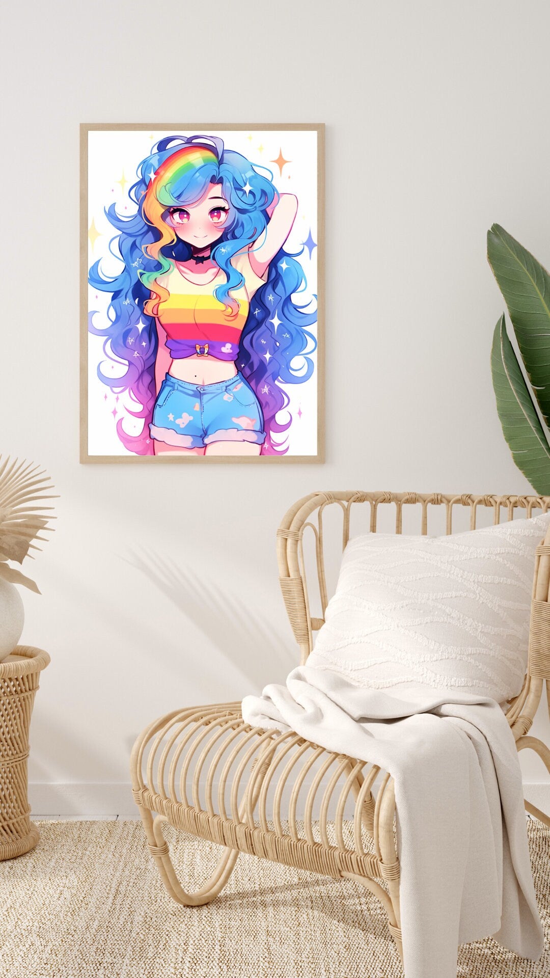 Vibrant Rainbow-Hued Anime Girl Art Print