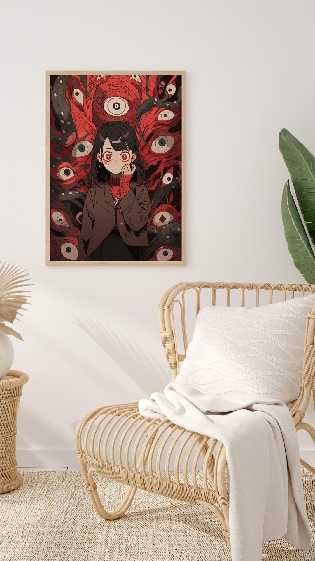 Gaze of the Abyss - Haunting Anime Girl and Watchful Eyes Art Print