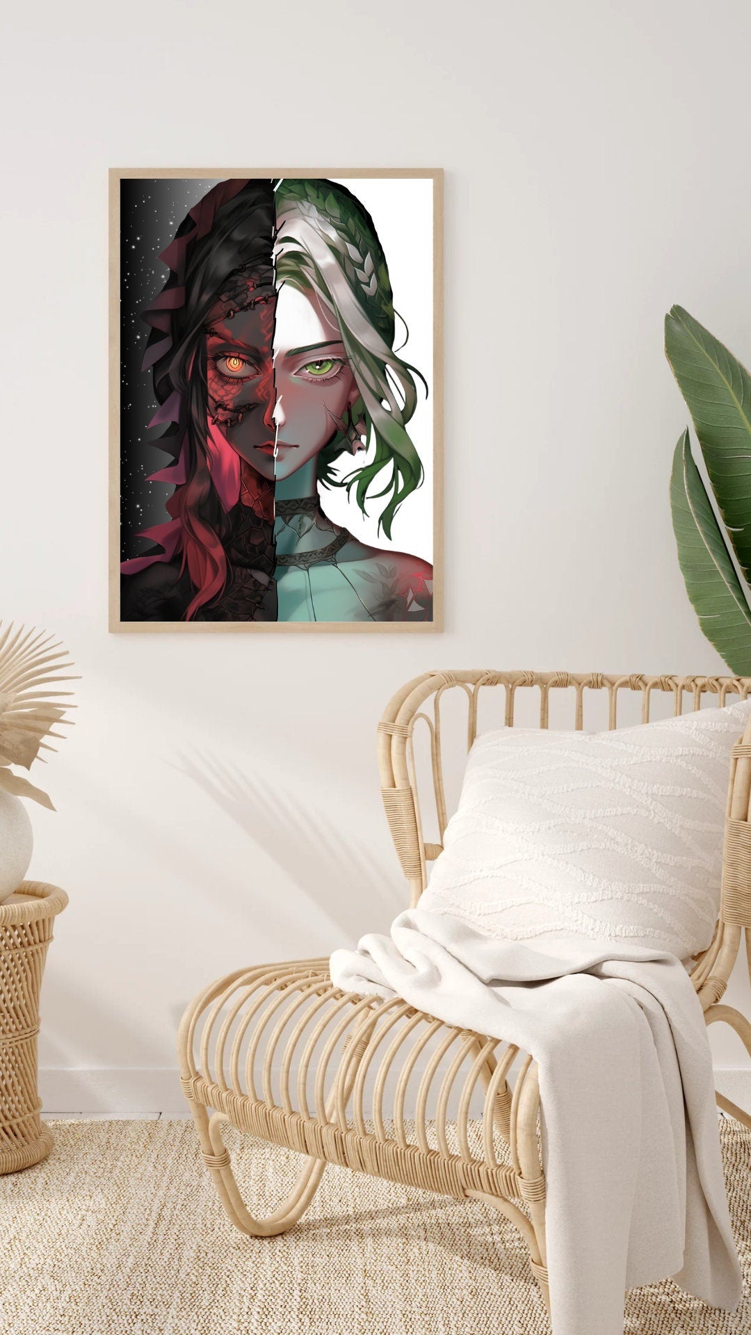 Divided Essence: Human and Dragon Demon Fusion Art Print - Split Face Wall Decor Poster