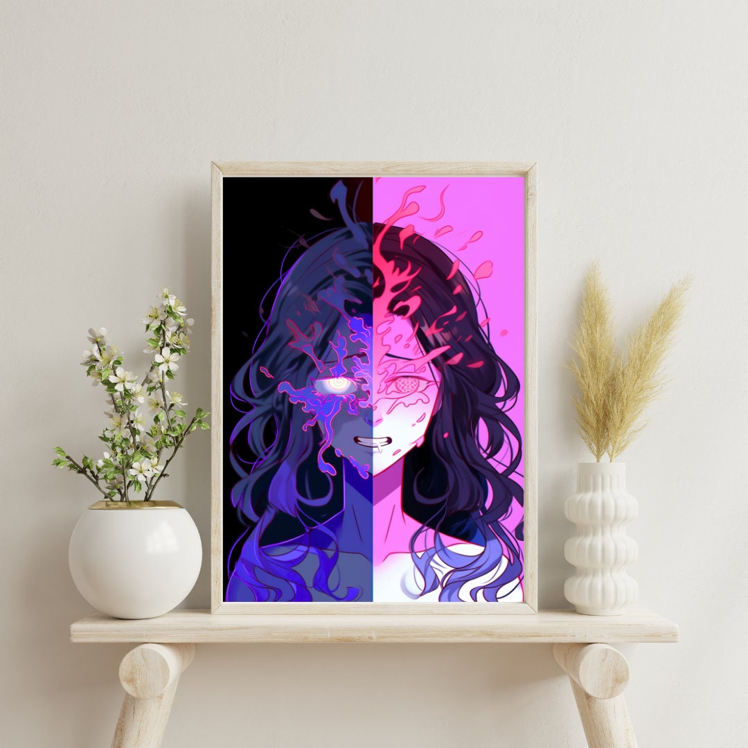 Duality of Essence: Split Aura Art Print - Split Face Wall Decor Poster