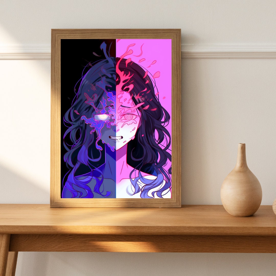 Duality of Essence: Split Aura Art Print - Split Face Wall Decor Poster