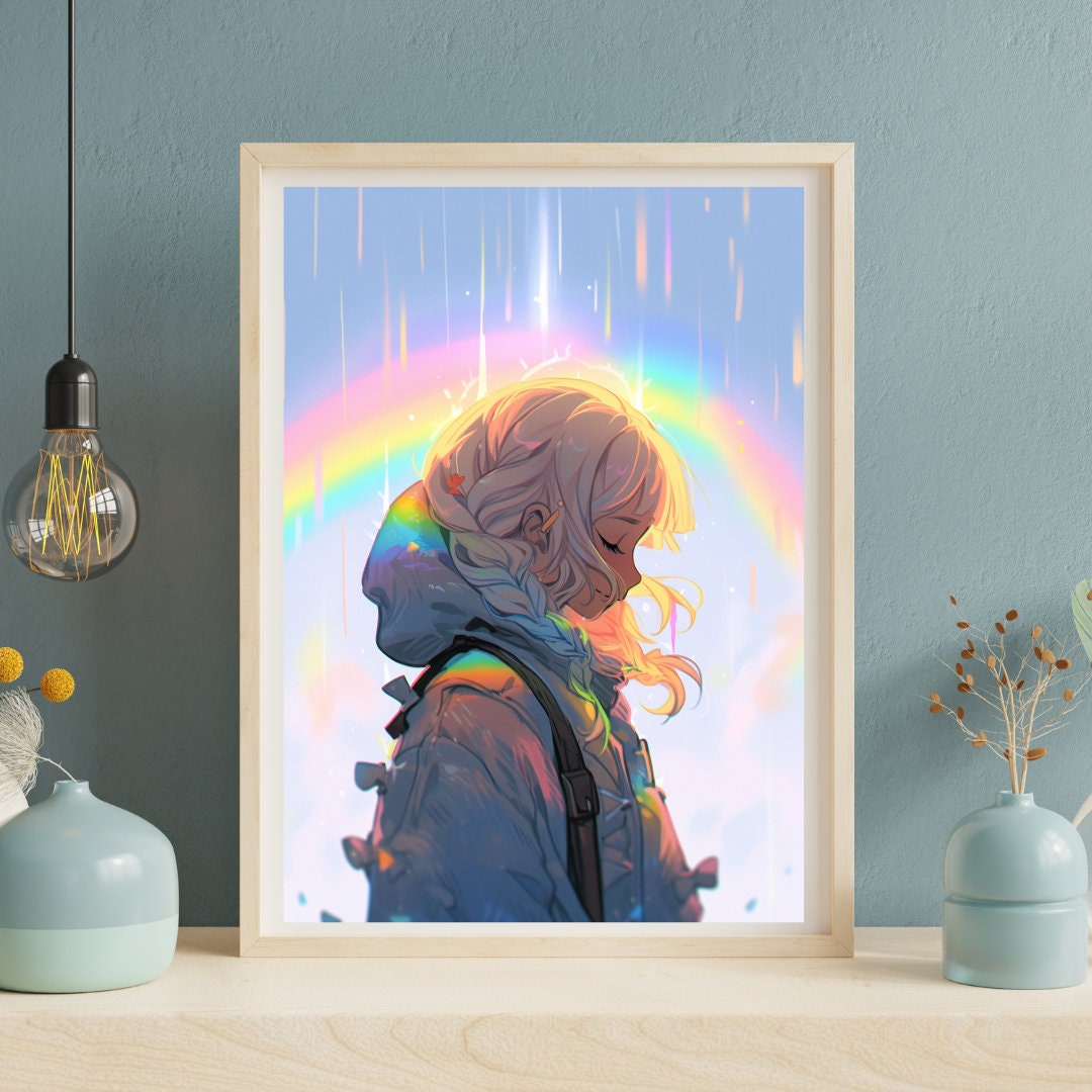Rainbow Amidst the Rain - Pensive Anime Girl in Downpour Art Print