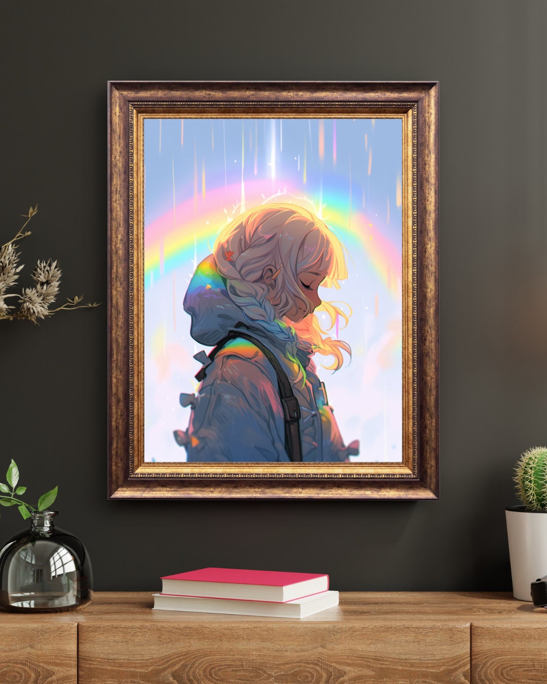 Rainbow Amidst the Rain - Pensive Anime Girl in Downpour Art Print