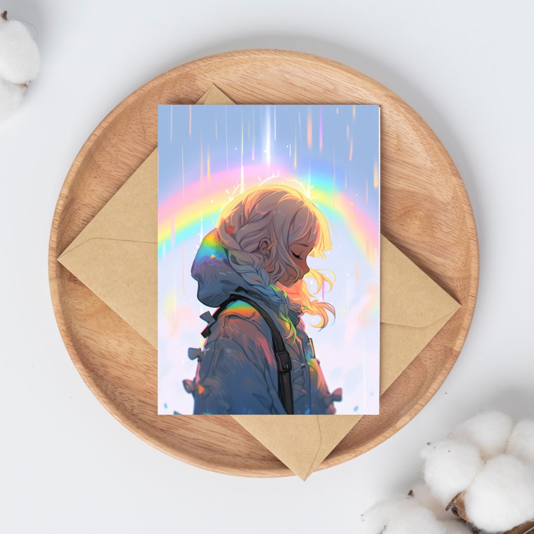 Rainbow Amidst the Rain - Pensive Anime Girl in Downpour Art Print