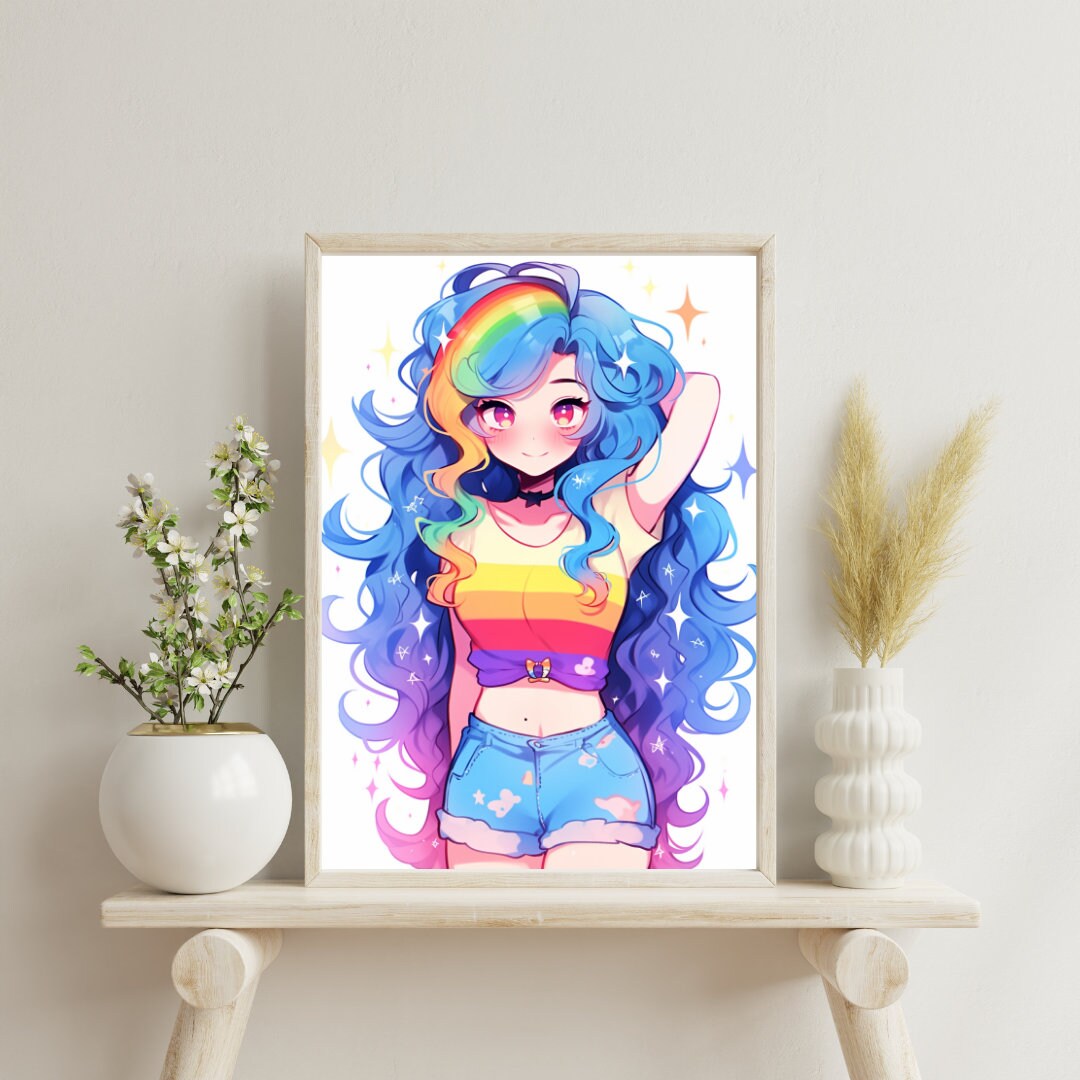 Vibrant Rainbow-Hued Anime Girl Art Print