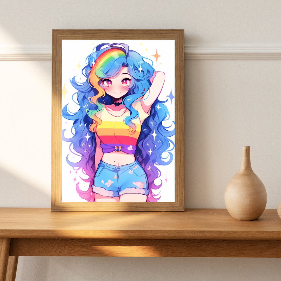 Vibrant Rainbow-Hued Anime Girl Art Print