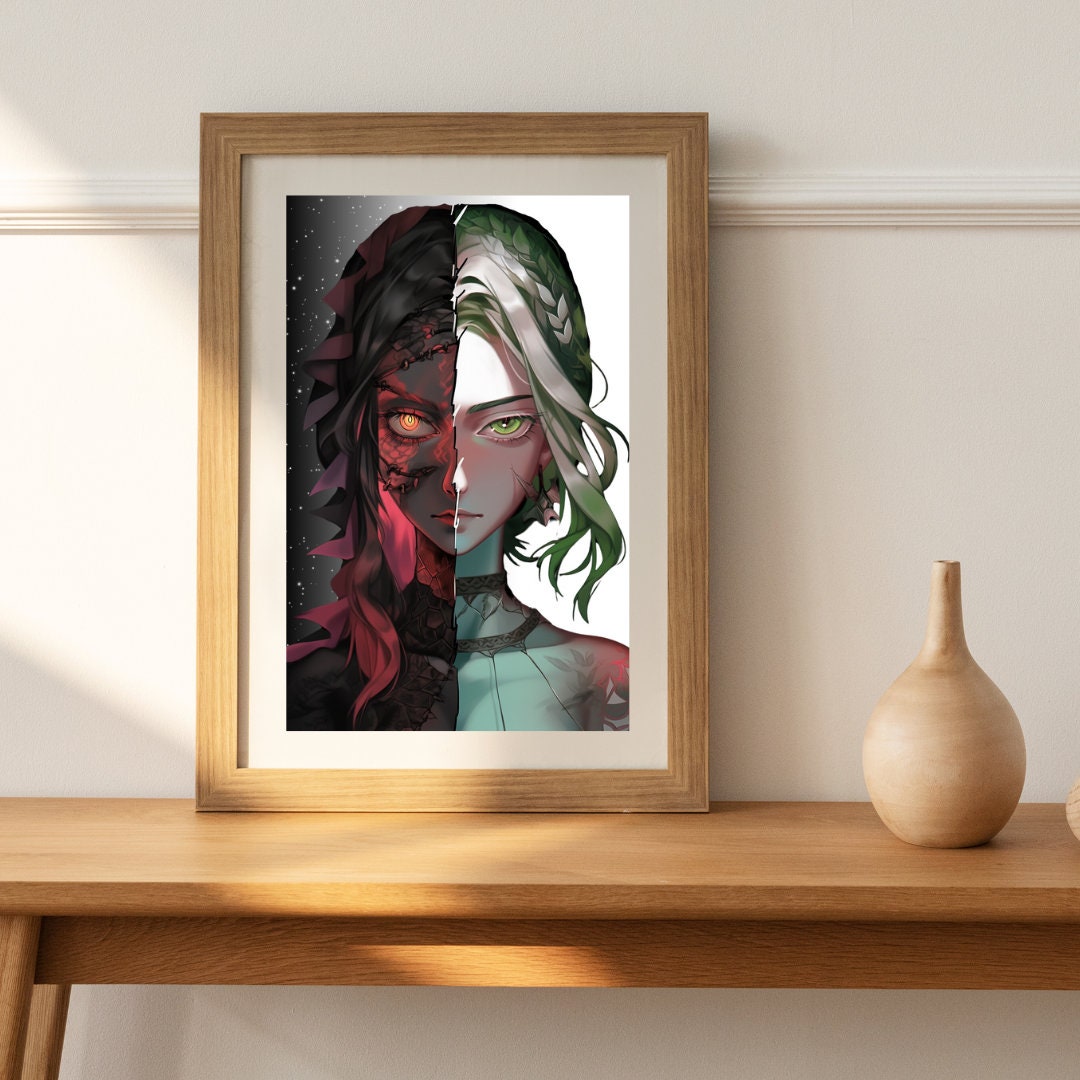 Divided Essence: Human and Dragon Demon Fusion Art Print - Split Face Wall Decor Poster