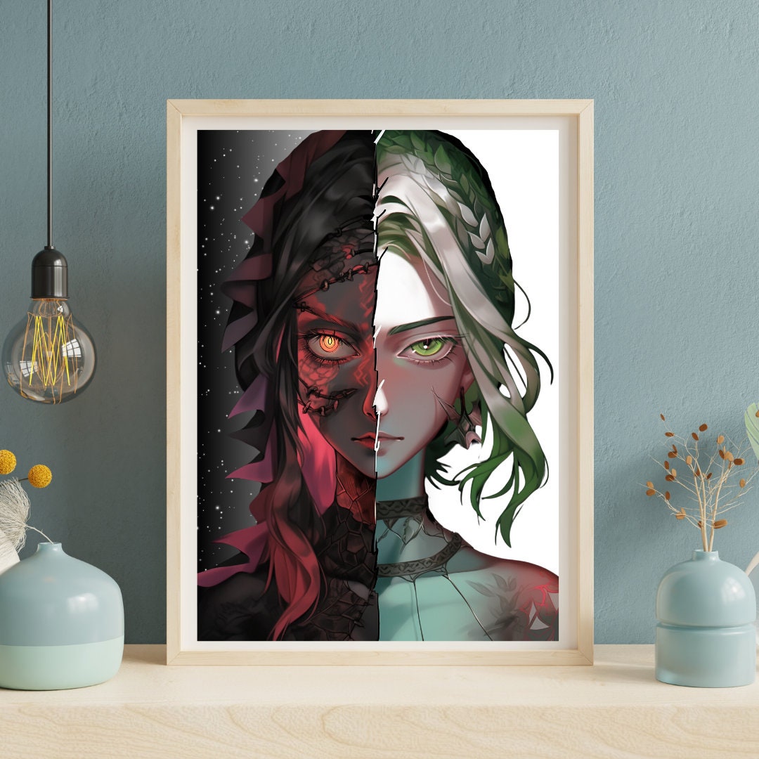 Divided Essence: Human and Dragon Demon Fusion Art Print - Split Face Wall Decor Poster