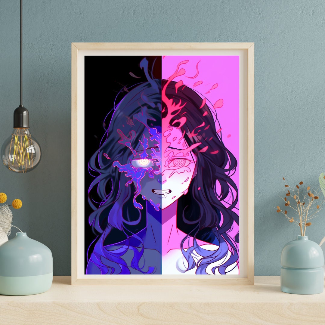 Duality of Essence: Split Aura Art Print - Split Face Wall Decor Poster