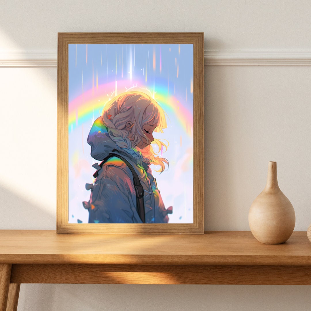 Rainbow Amidst the Rain - Pensive Anime Girl in Downpour Art Print