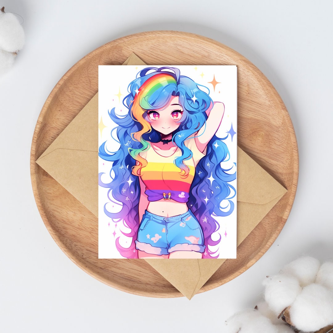 Vibrant Rainbow-Hued Anime Girl Art Print