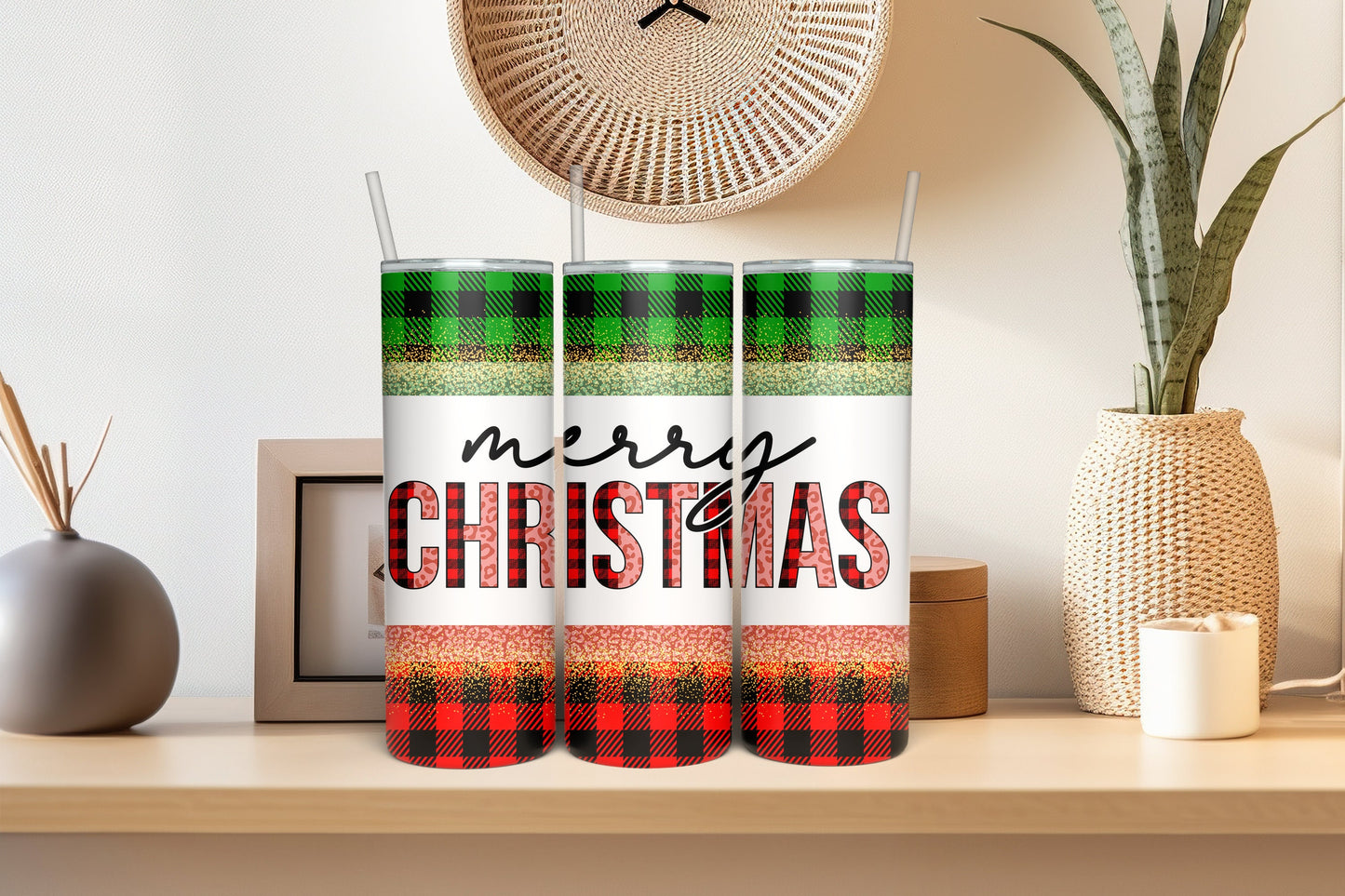 20 oz Skinny Tumbler - Festive Holiday Drinkware - 'Merry Christmas' Travel Mug