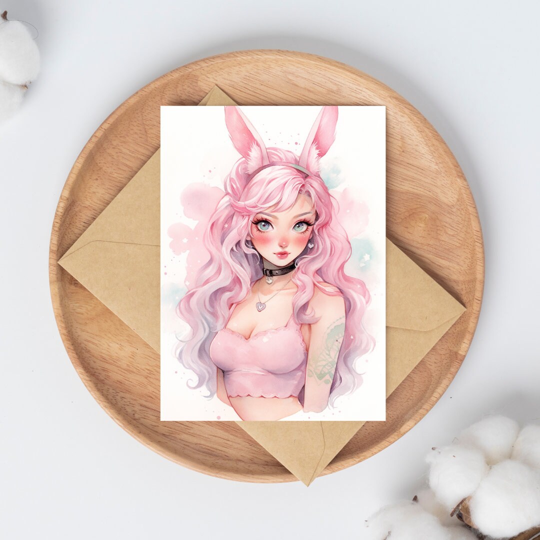 Whimsical Hues: Watercolor Bunny Anime Girl Art Print