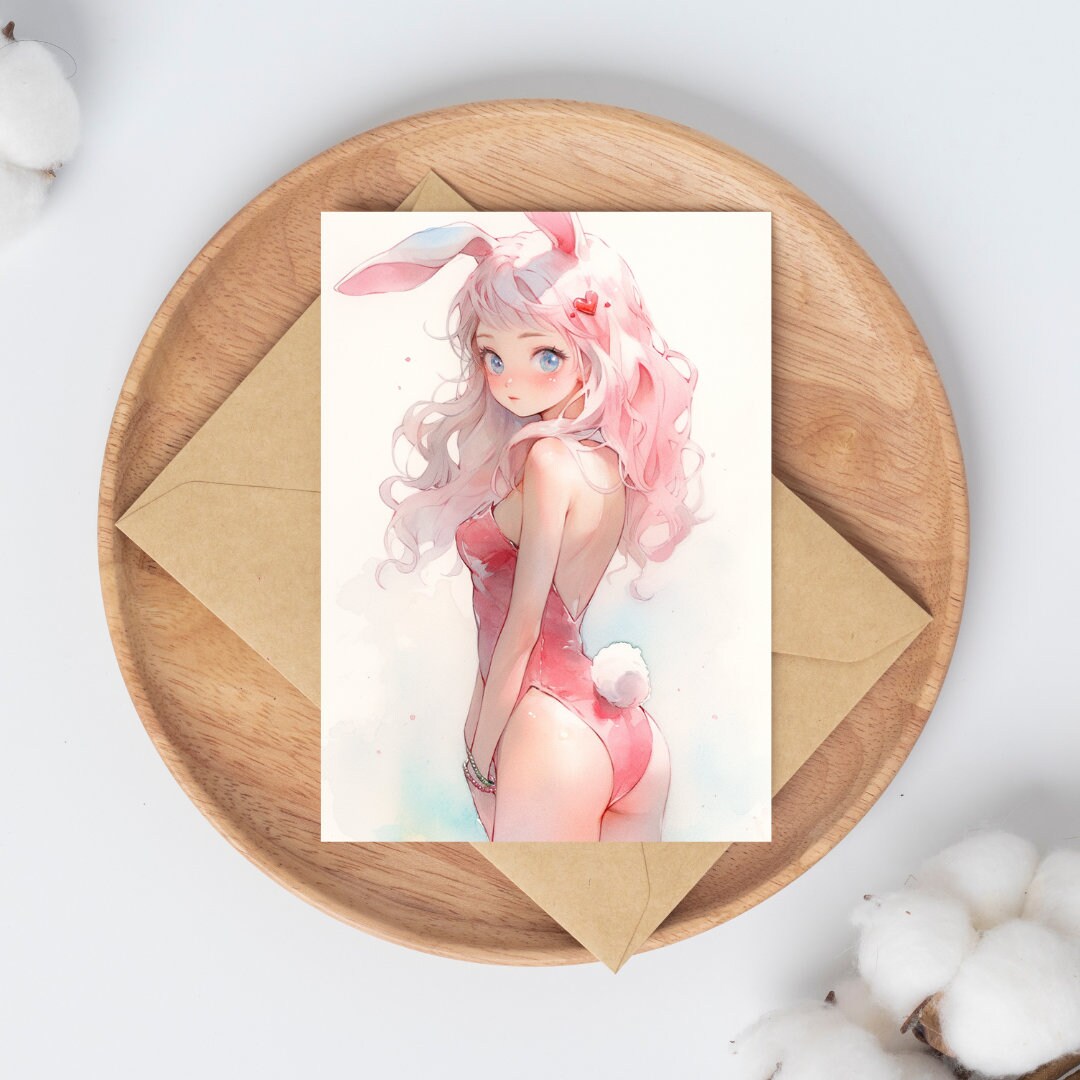 Whimsical Hues: Watercolor Bunny Anime Girl Art Print