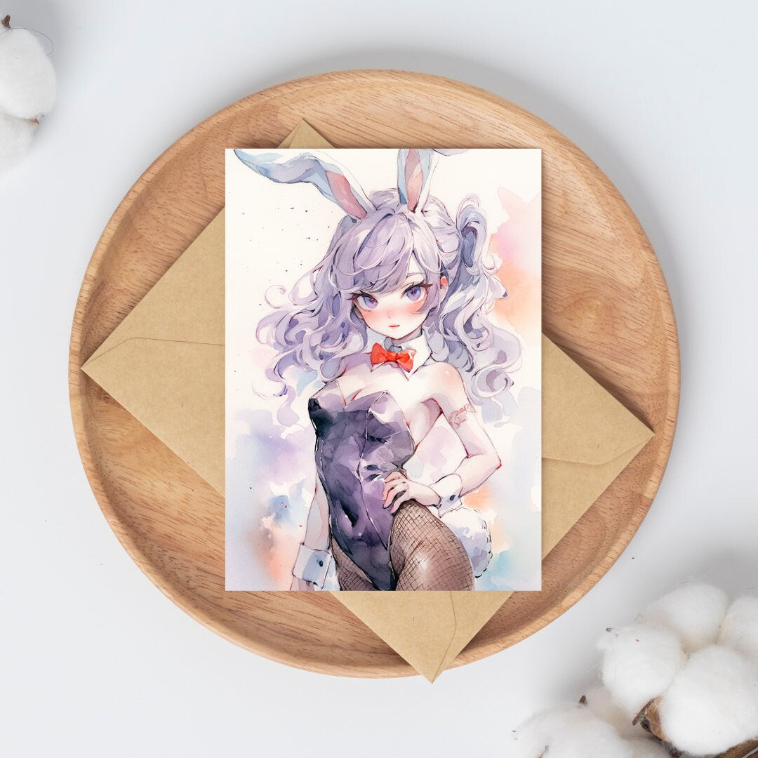 Whimsical Hues: Watercolor Bunny Anime Girl Art Print