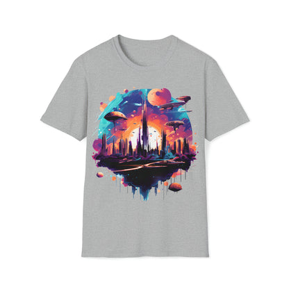 Galactic Cityscape T-Shirt - Vibrant Futuristic Metropolis, Outer Space Exploration, Sci-Fi Tee