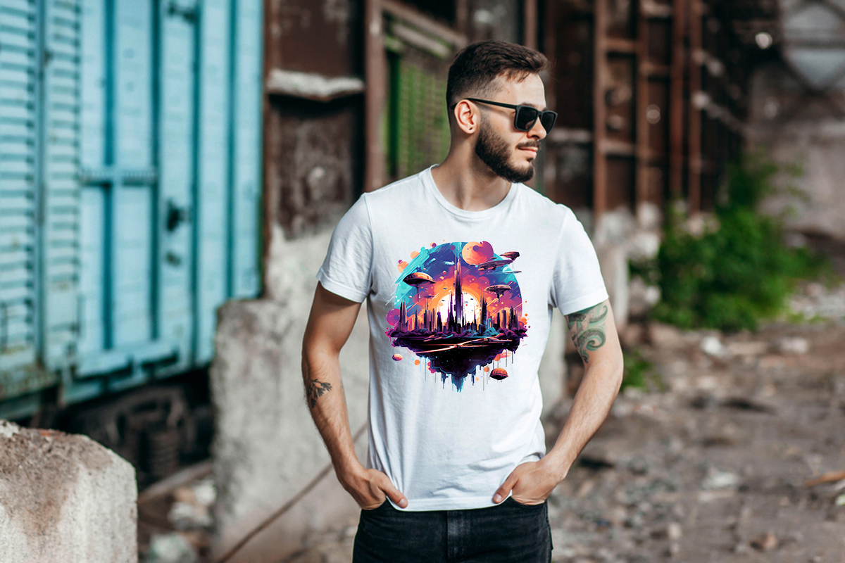 Galactic Cityscape T-Shirt - Vibrant Futuristic Metropolis, Outer Space Exploration, Sci-Fi Tee