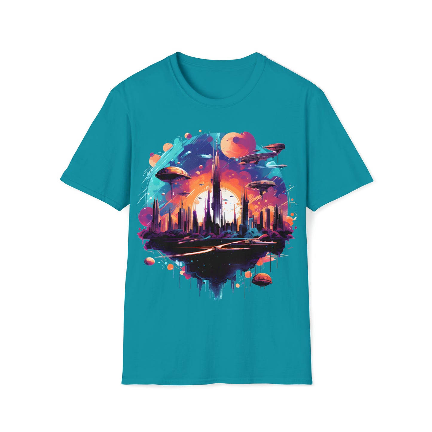 Galactic Cityscape T-Shirt - Vibrant Futuristic Metropolis, Outer Space Exploration, Sci-Fi Tee