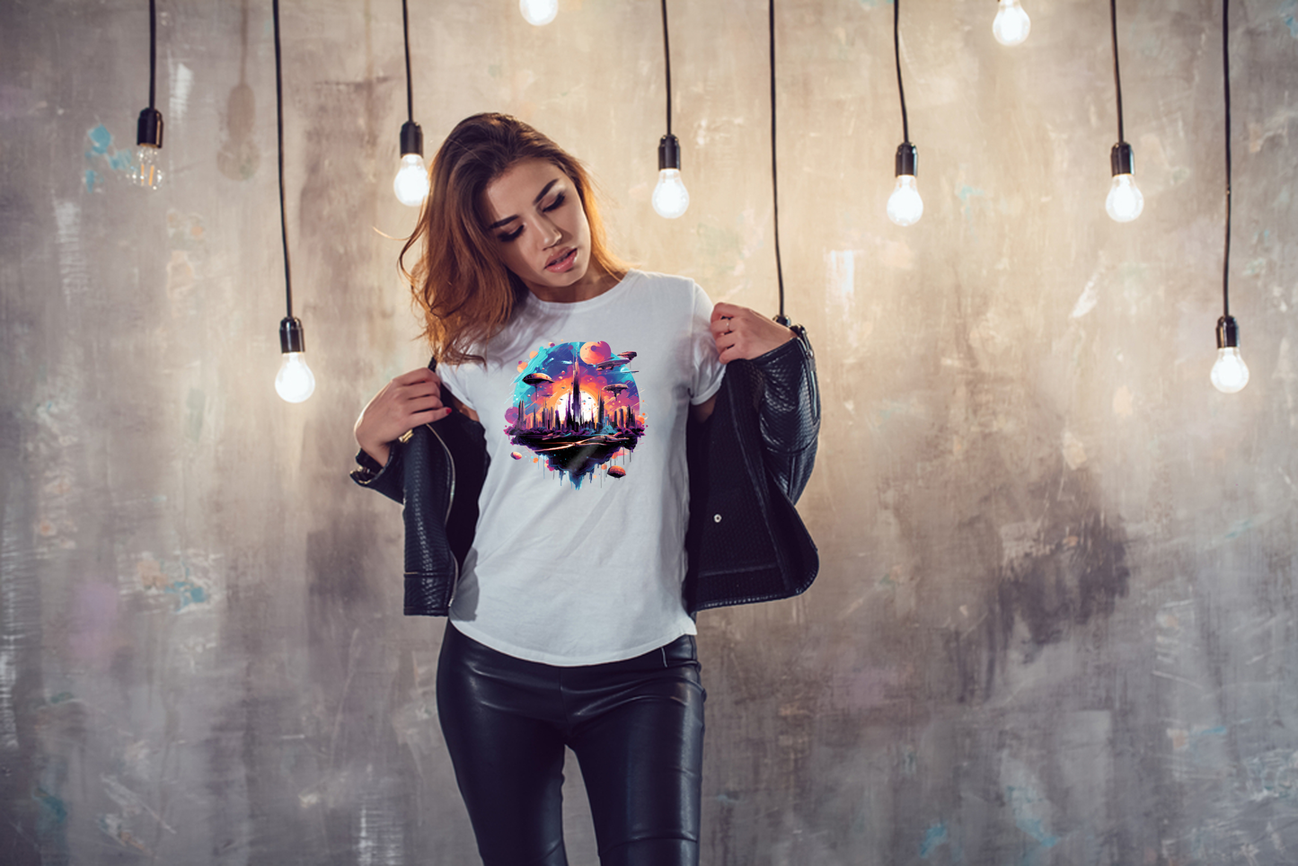 Galactic Cityscape T-Shirt - Vibrant Futuristic Metropolis, Outer Space Exploration, Sci-Fi Tee