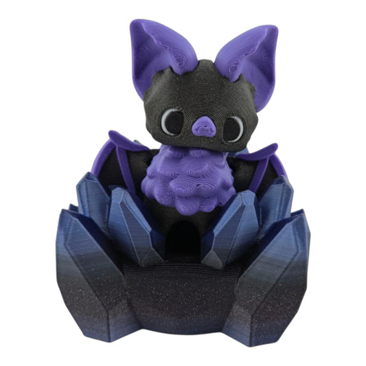 Adorable 3D Printed Pixie Bat with Crystal Stand – Purple and Black Fantasy Creature Decor