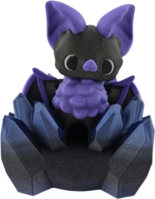 Adorable 3D Printed Pixie Bat with Crystal Stand – Purple and Black Fantasy Creature Decor