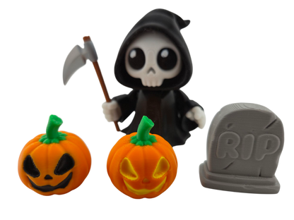 Halloween Articulated Grim Reaper Figurine Set, 3 Inch, with Scythe, Pumpkins, RIP Tombstone and Sign