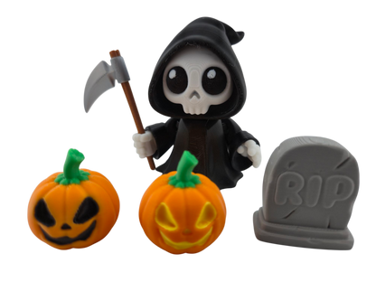 Halloween Articulated Grim Reaper Figurine Set, 3 Inch, with Scythe, Pumpkins, RIP Tombstone and Sign
