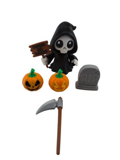 Halloween Articulated Grim Reaper Figurine Set, 3 Inch, with Scythe, Pumpkins, RIP Tombstone and Sign
